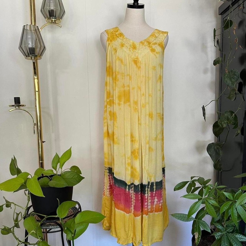 Vintage Jessica Taylor Yellow Tie Dye Maxi Dress Embroidered Crinkle Rayon 2X